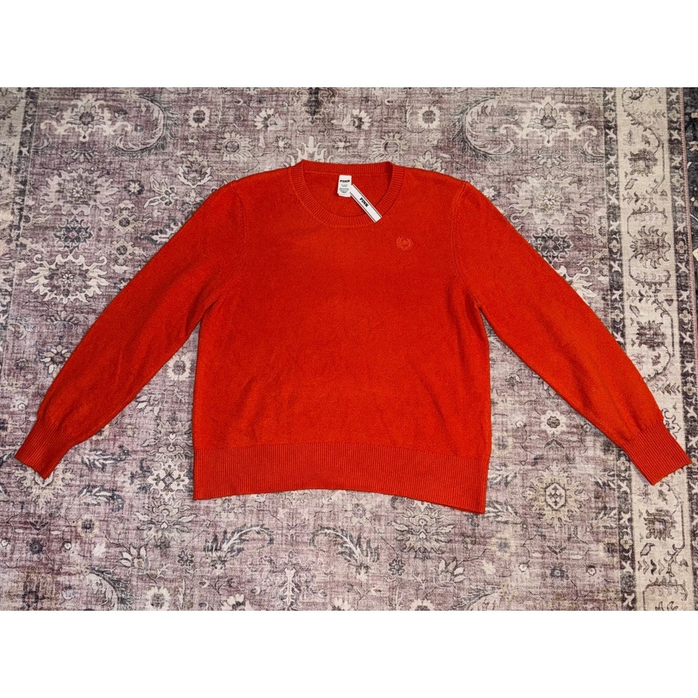 Victoria's Secret‎ PINK Orange Knit Crewneck Sweater XL Embroidered Crest NWT